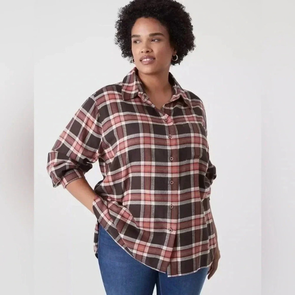 Lane Bryant Brown Plaid Long-Sleeve Button-Down Plaid Flannel Plus Size 14-16 XL - Picture 1 of 6